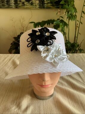 Elegant White Polyester Bucket Hat with Black and White Floral Accents
